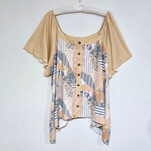 CATO Shark Bite Top Blouse Size 26 / 28W Pullover Patchwork Raglan Sleeves